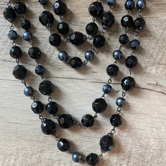 Necklace Bead & Faux Pearl Multi Strand Bohemian Statement Classic Black - Picture 3 of 4